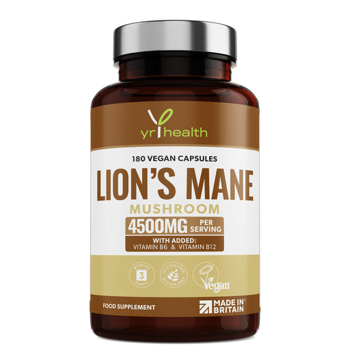 Lion's Mane Mushroom Supplement 4500mg - 180 Vegan Capsules with Added Vitamin B6 & B12, Supports Immune System & Promotes Digestive Health - 3 Months Supply