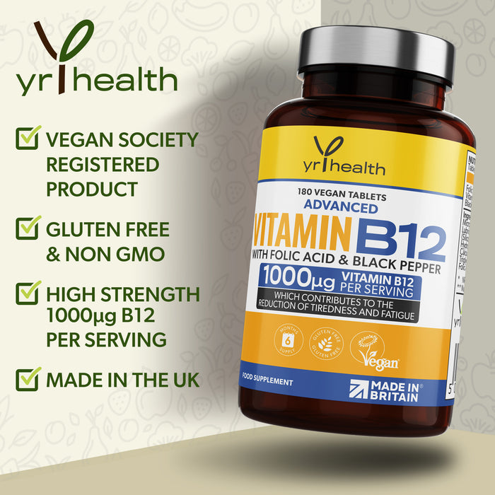 Advanced Vitamin B12 with Folic Acid & Black Pepper (1000mcg) 6 Month Supply